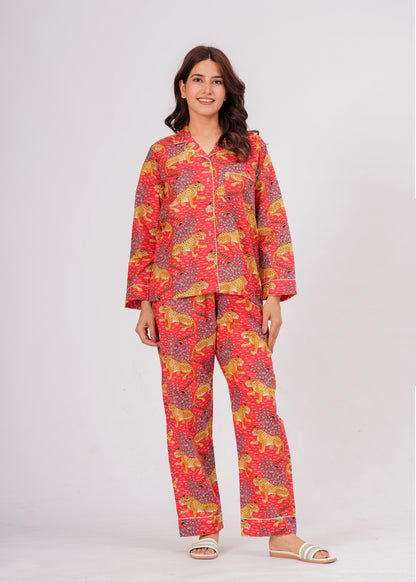 Women's Red Leopard Print Cotton Night Suit Set – Striped Two Piece Pajama Set