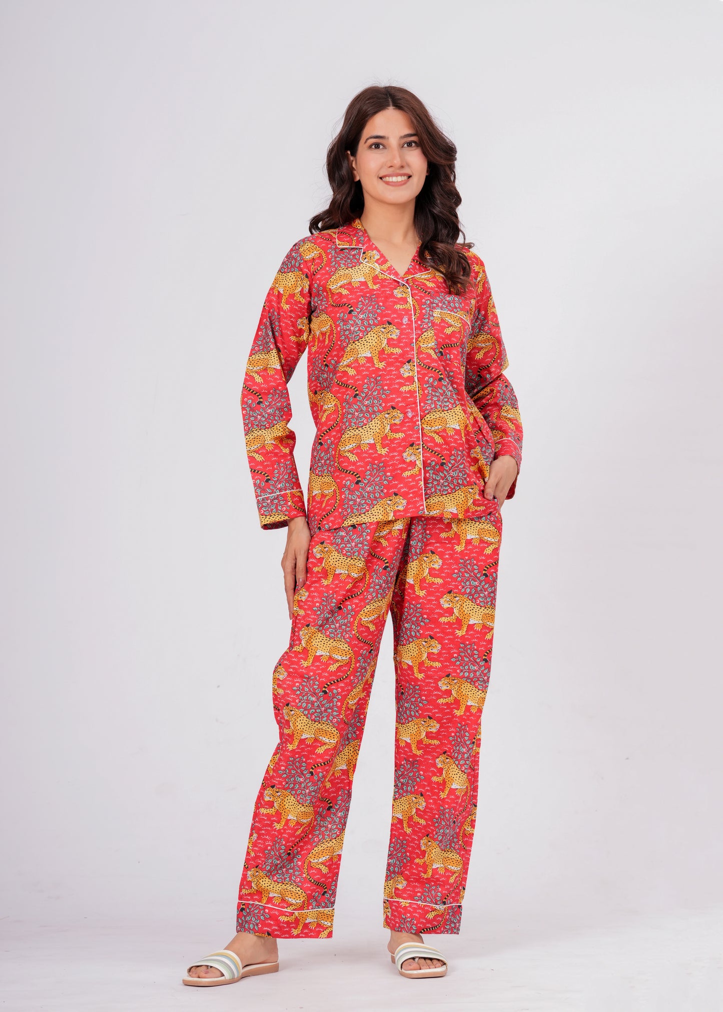 Women's Red Leopard Print Cotton Night Suit Set – Striped Two Piece Pajama Set