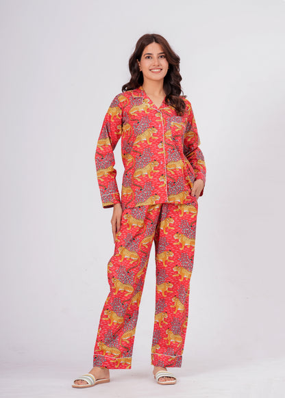 Women's Red Leopard Print Cotton Night Suit Set – Striped Two Piece Pajama Set