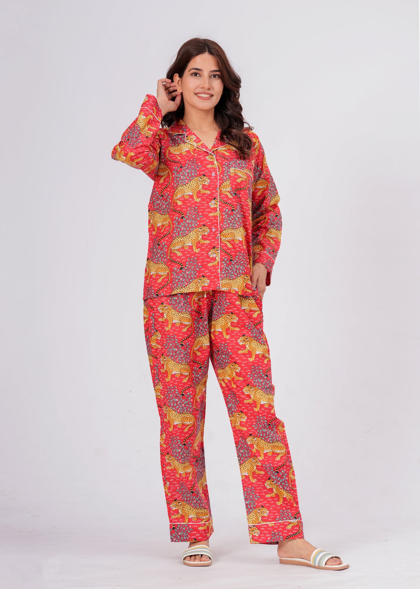Women's Red Leopard Print Cotton Night Suit Set – Striped Two Piece Pajama Set