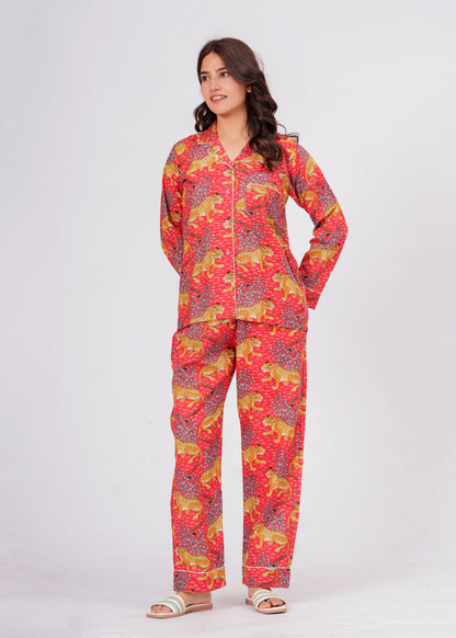 Women's Red Leopard Print Cotton Night Suit Set – Striped Two Piece Pajama Set
