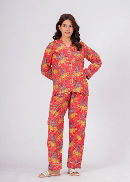 Women's Red Leopard Print Cotton Night Suit Set – Striped Two Piece Pajama Set