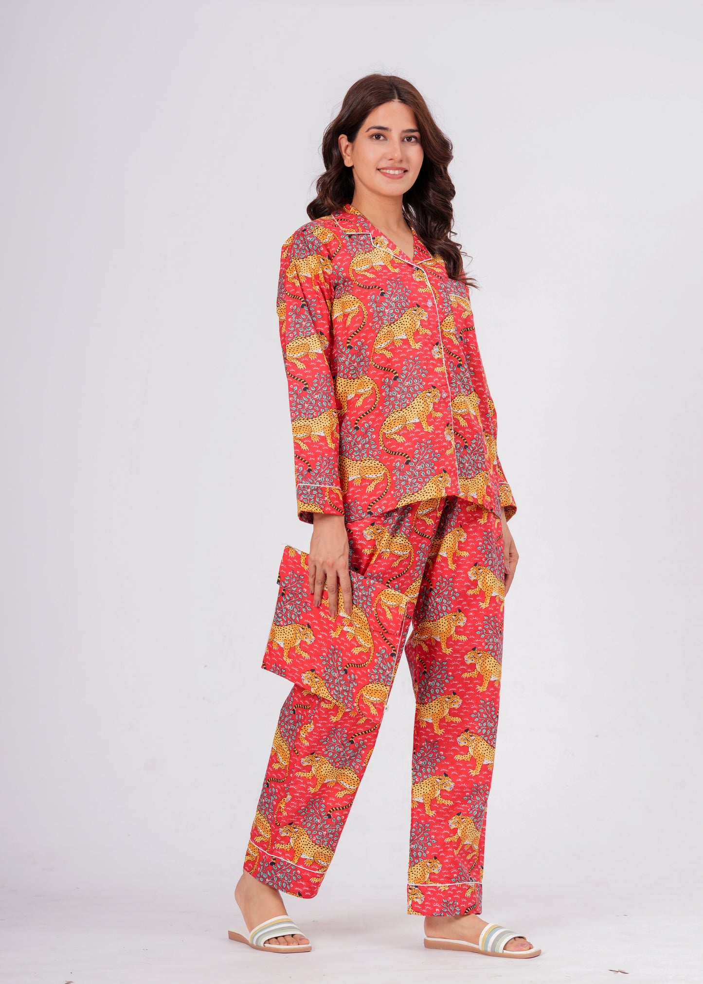 Women's Red Leopard Print Cotton Night Suit Set – Striped Two Piece Pajama Set