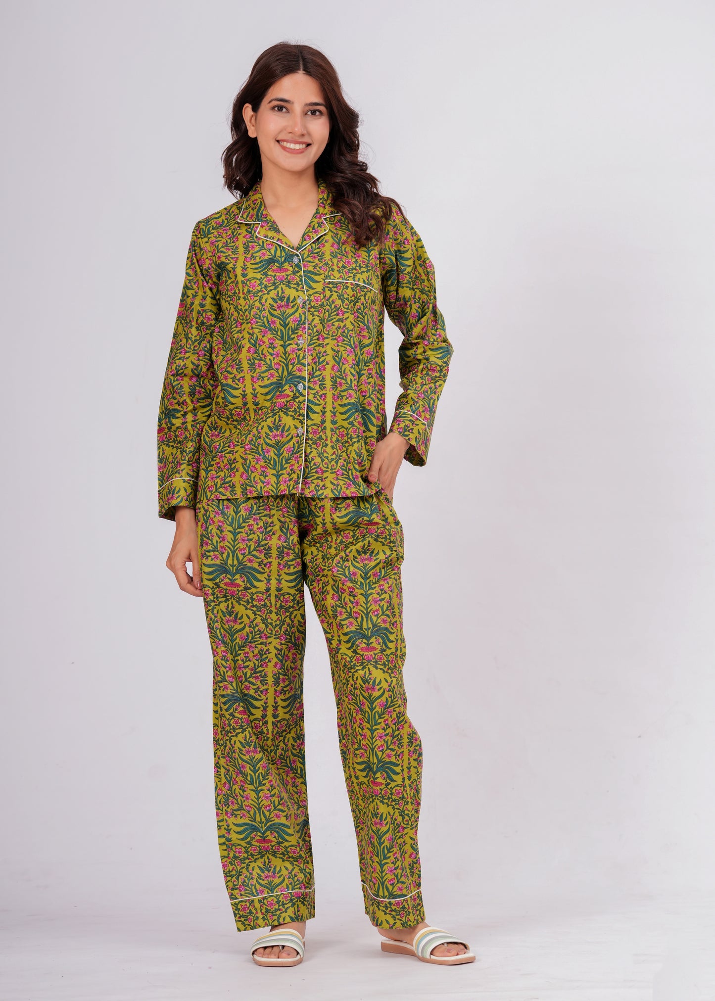 Women's Green Botanical Floral Print Cotton Night Suit Set – Elegant Two Piece Pajama Set