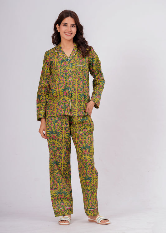 Women's Green Botanical Floral – Elegant Two Piece Cotton Pajama Set