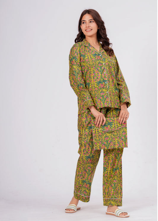 Women's Green Botanical Floral – Elegant Two Piece Cotton Pajama Set