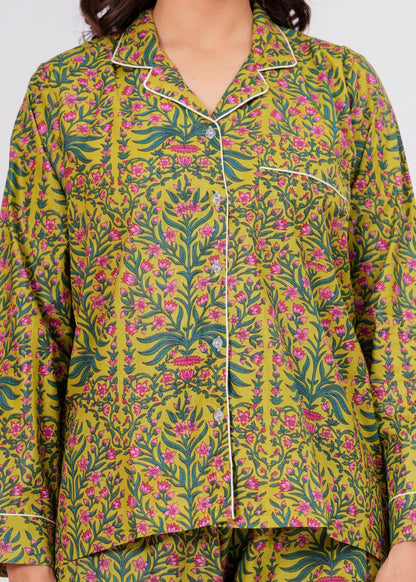 Women's Green Botanical Floral Print Cotton Night Suit Set – Elegant Two Piece Pajama Set