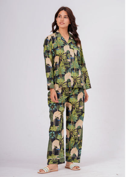 Women's Green Botanical Garden Peacock Print Cotton Night Suit Set – Elegant Two Piece Pajama Set