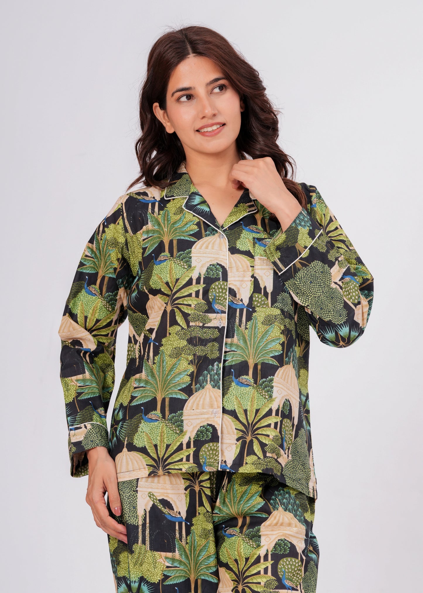 Women's Green Botanical Garden Peacock Print Cotton Night Suit Set – Elegant Two Piece Pajama Set