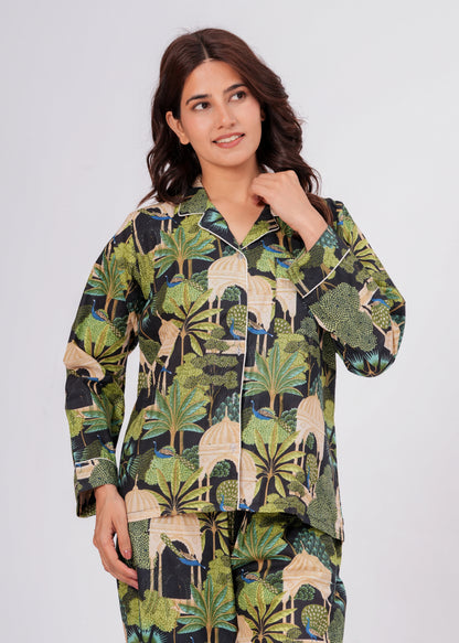 Women's Green Botanical Garden Peacock Print Cotton Night Suit Set – Elegant Two Piece Pajama Set