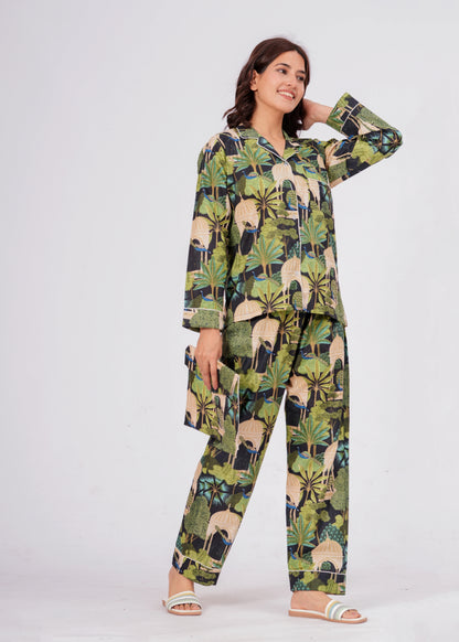 Women's Green Botanical Garden Peacock Print Cotton Night Suit Set – Elegant Two Piece Pajama Set