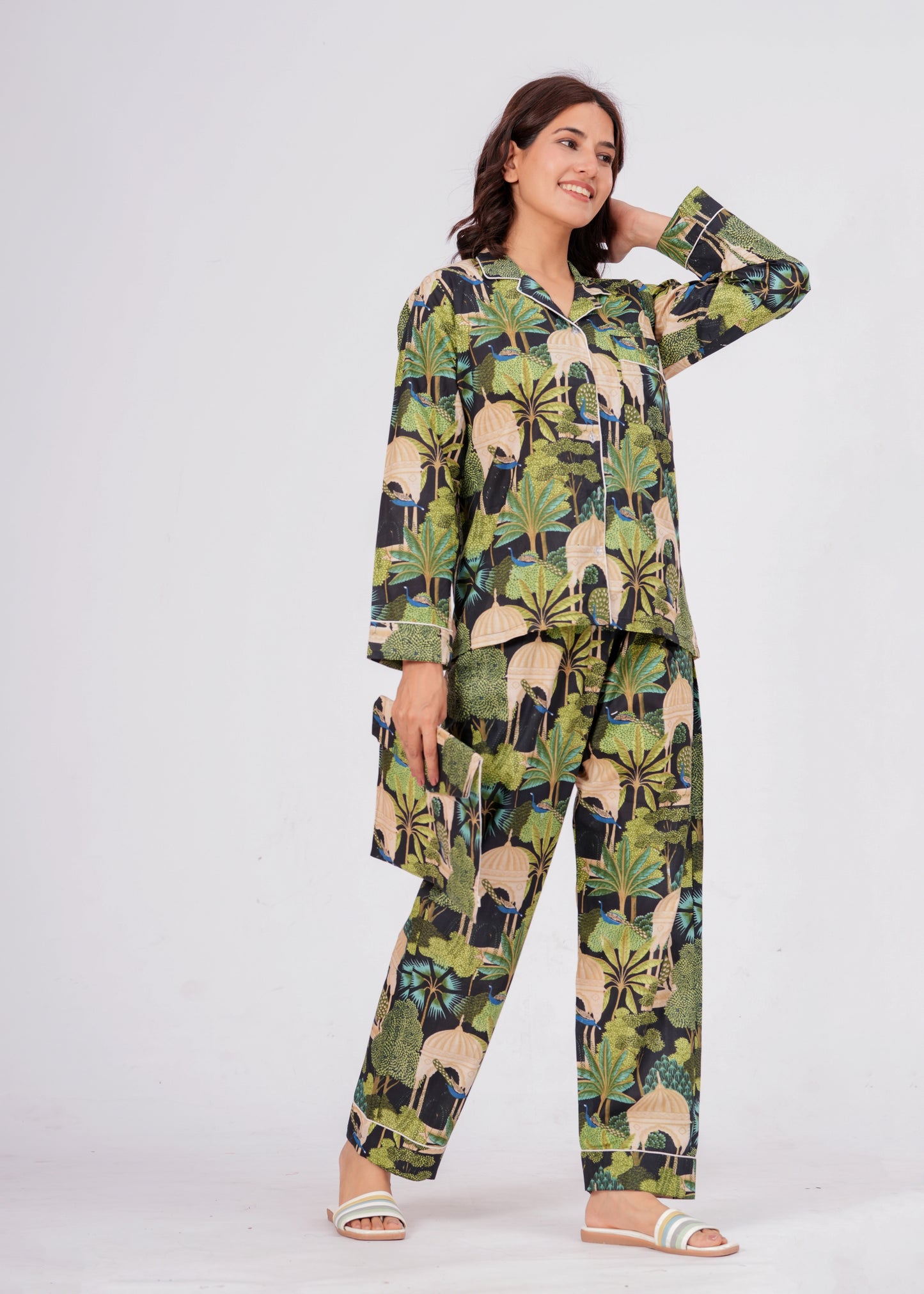 Women's Green Botanical Garden Peacock Print Cotton Night Suit Set – Elegant Two Piece Pajama Set