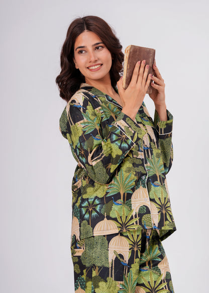 Women's Green Botanical Garden Peacock Print Cotton Night Suit Set – Elegant Two Piece Pajama Set