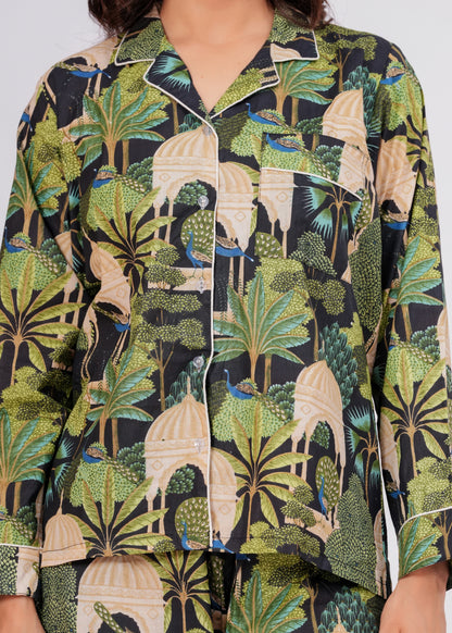 Women's Green Botanical Garden Peacock Print Cotton Night Suit Set – Elegant Two Piece Pajama Set