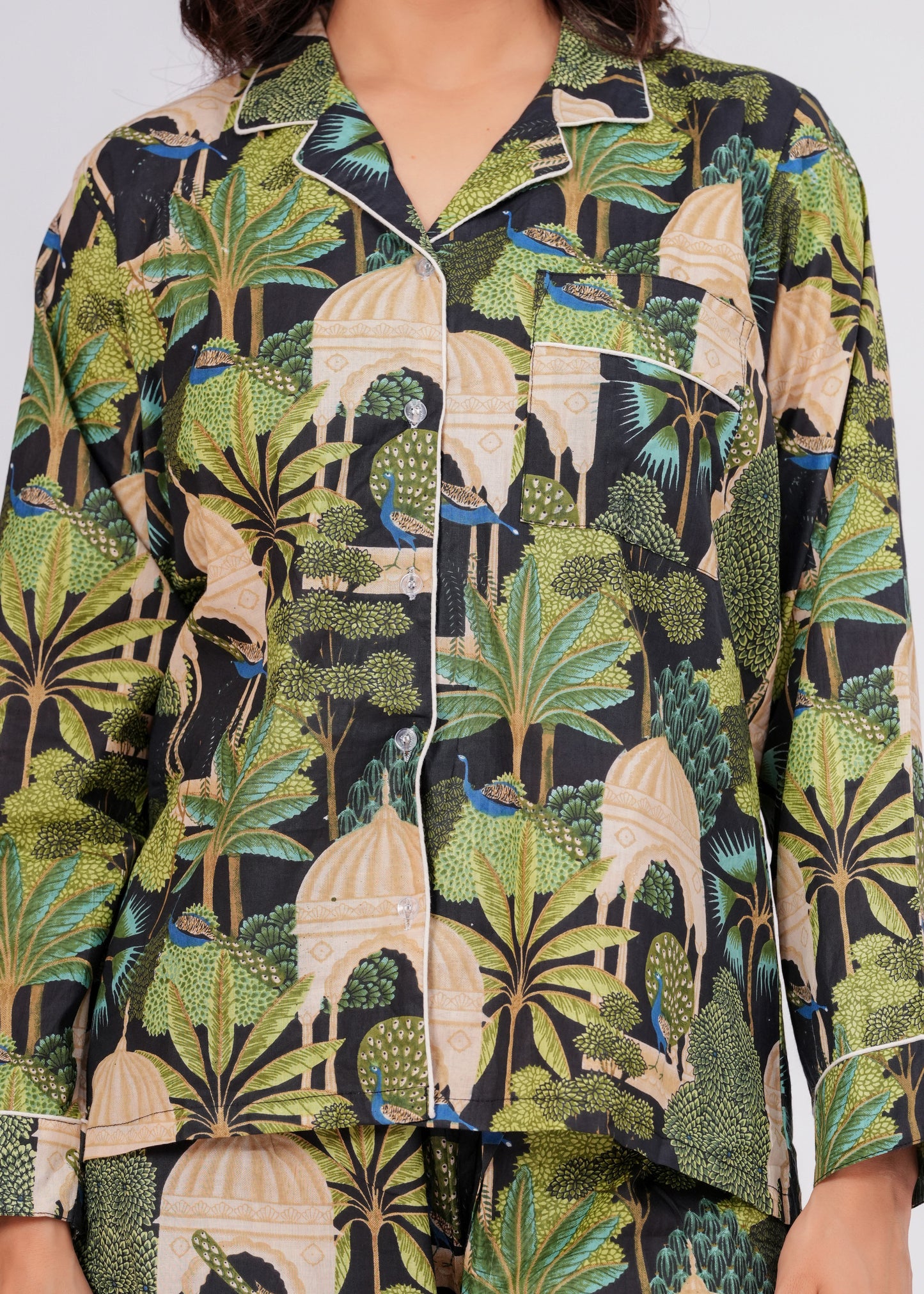 Women's Green Botanical Garden Peacock Print Cotton Night Suit Set – Elegant Two Piece Pajama Set