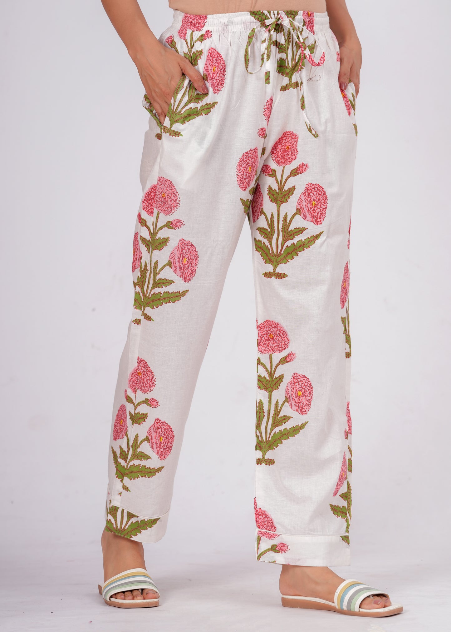Women's White Floral Print Cotton Night Suit Set – Elegant Two Piece Pajama Set