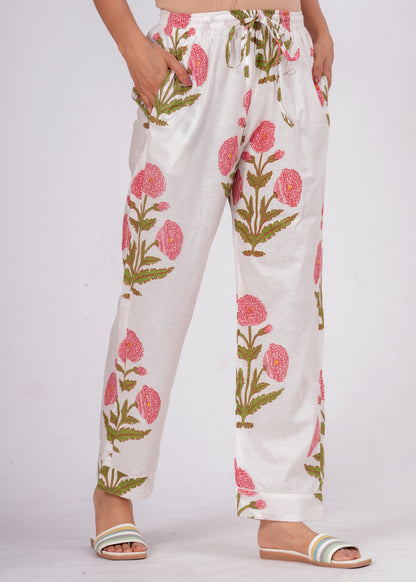 Women's White Floral Print Cotton Night Suit Set – Elegant Two Piece Pajama Set