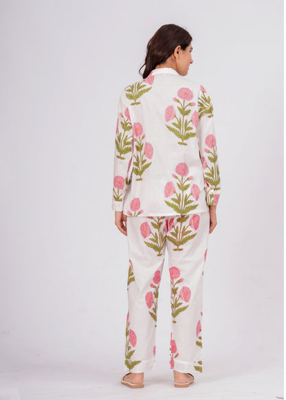 Women's White Floral Print Cotton Night Suit Set – Elegant Two Piece Pajama Set