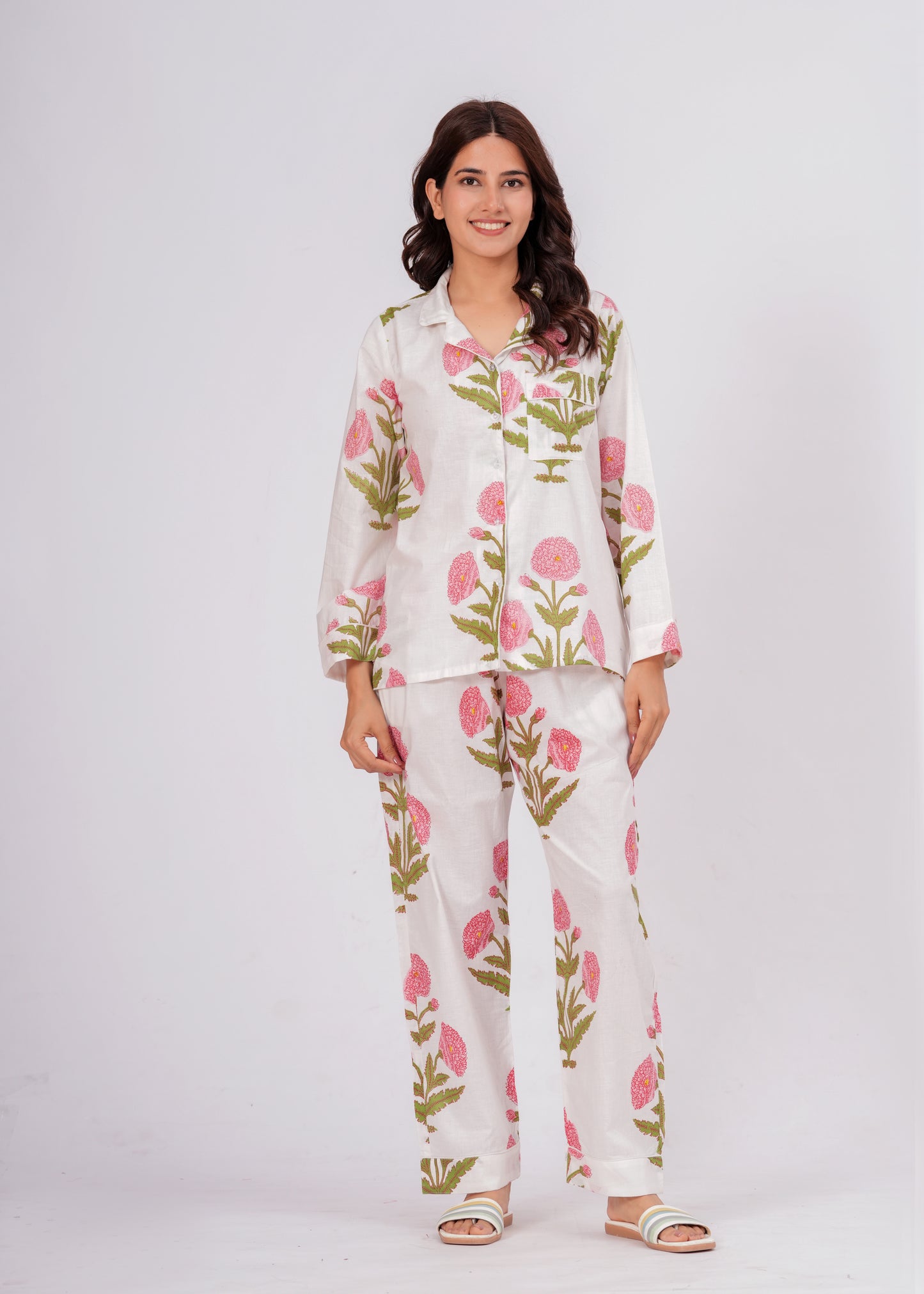 Women's White Floral Print Cotton Night Suit Set – Elegant Two Piece Pajama Set