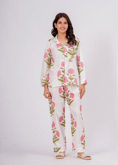 Women's White Floral Print Cotton Night Suit Set – Elegant Two Piece Pajama Set