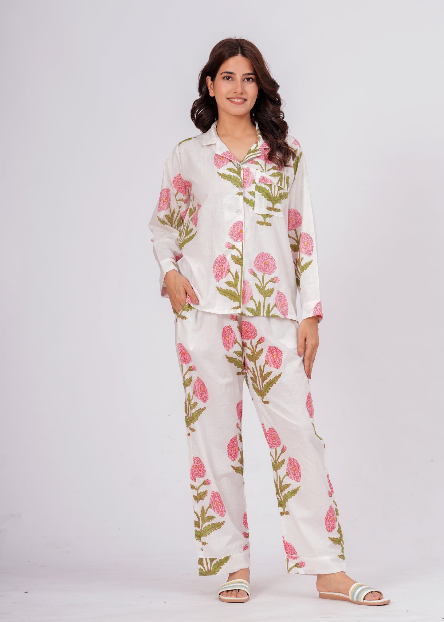 Women's White Floral Print Cotton Night Suit Set – Elegant Two Piece Pajama Set