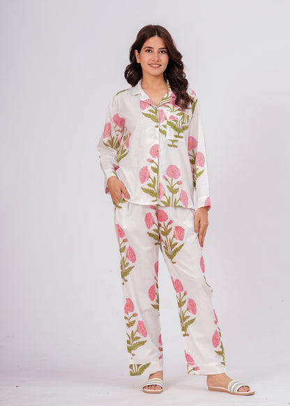 Women's White Floral Print Cotton Night Suit Set – Elegant Two Piece Pajama Set