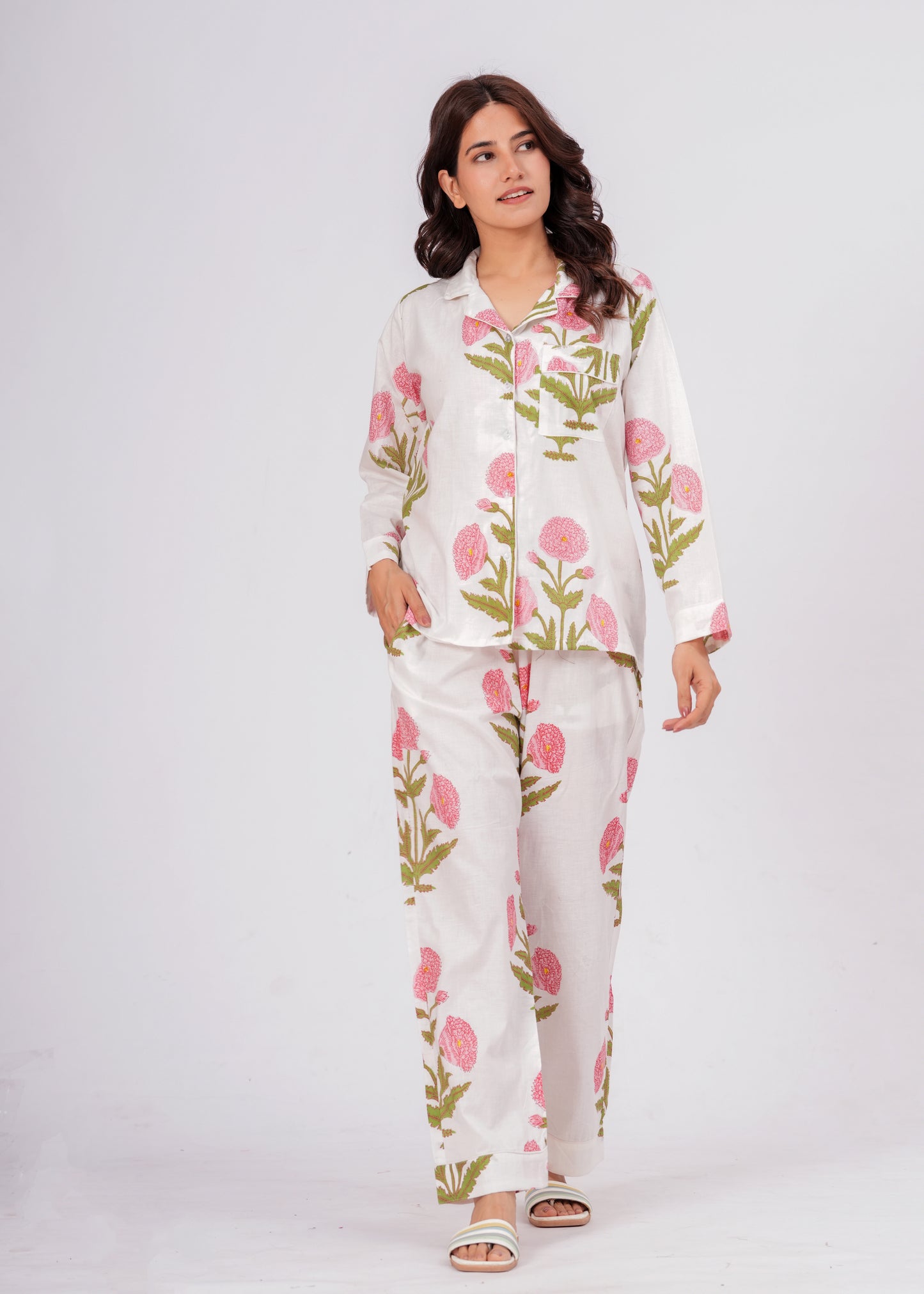 Women's White Floral Print Cotton Night Suit Set – Elegant Two Piece Pajama Set