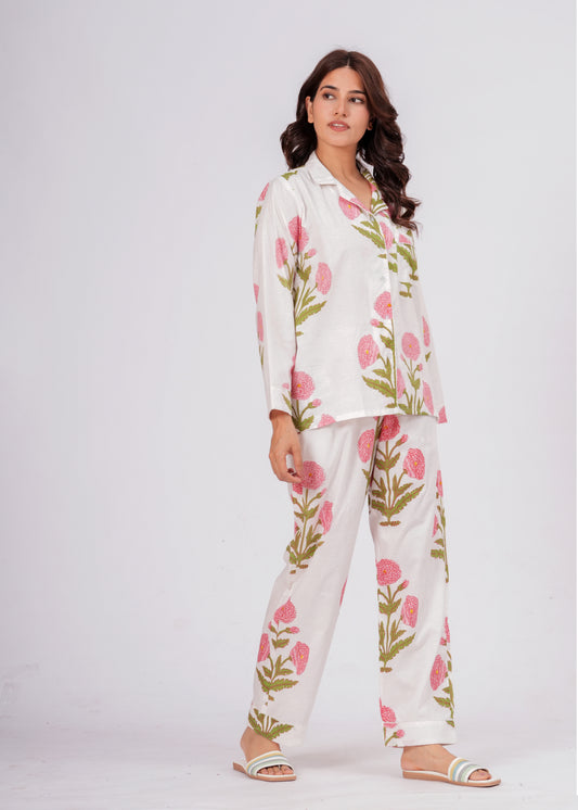 Women's White Floral – Elegant Two Piece Cotton Pajama Set
