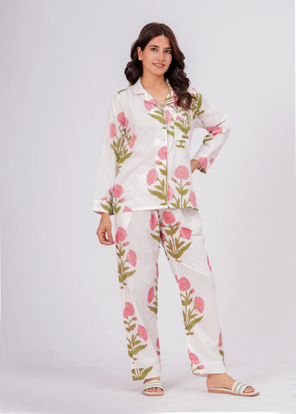Women's White Floral Print Cotton Night Suit Set – Elegant Two Piece Pajama Set