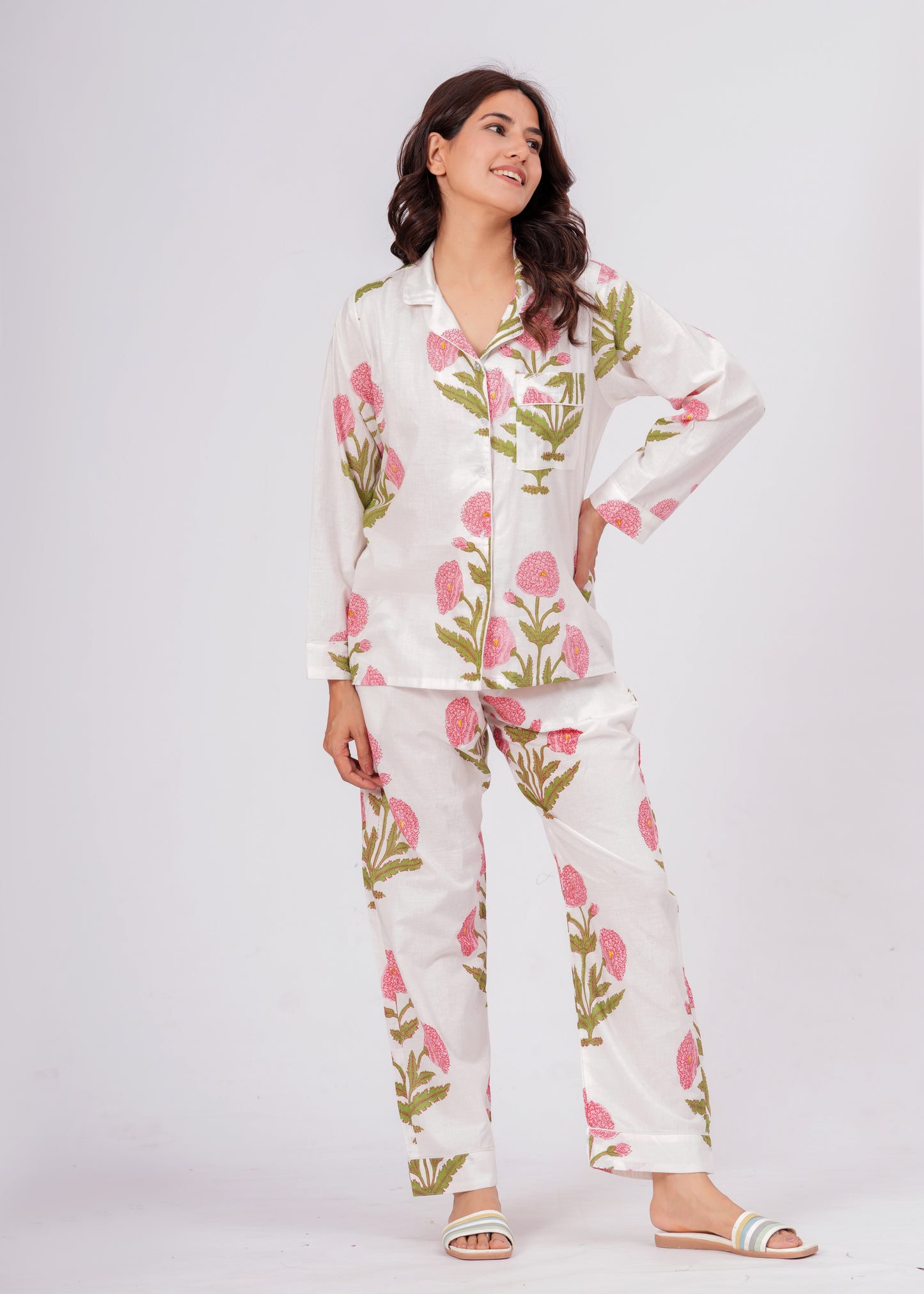 Women's White Floral Print Cotton Night Suit Set – Elegant Two Piece Pajama Set