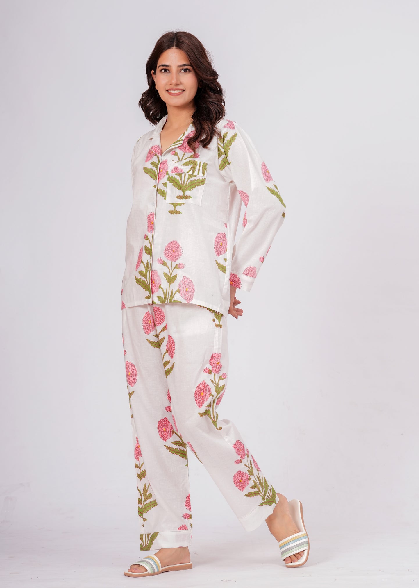 Women's White Floral Print Cotton Night Suit Set – Elegant Two Piece Pajama Set