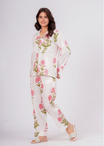 Women's White Floral Print Cotton Night Suit Set – Elegant Two Piece Pajama Set