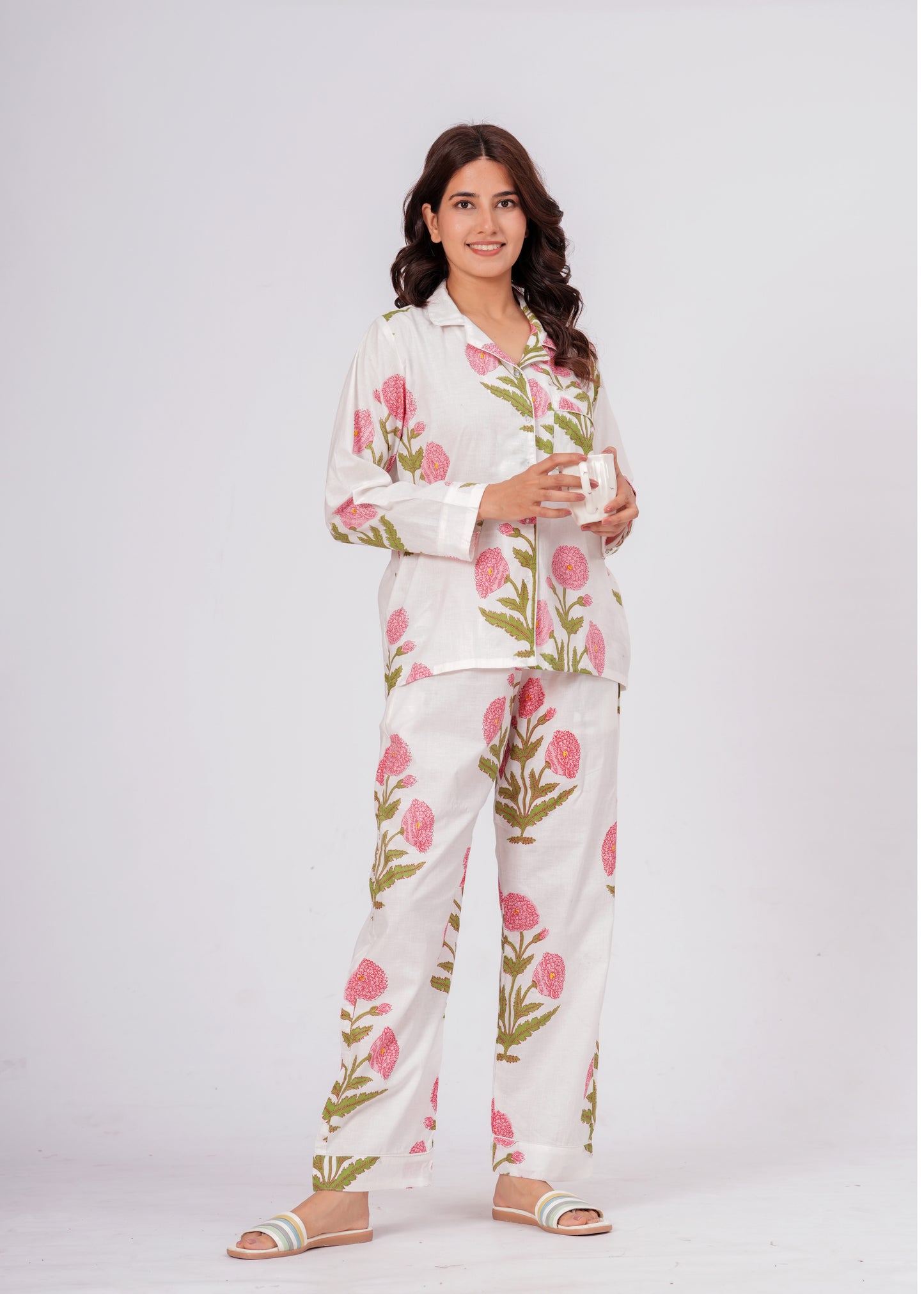 Women's White Floral Print Cotton Night Suit Set – Elegant Two Piece Pajama Set