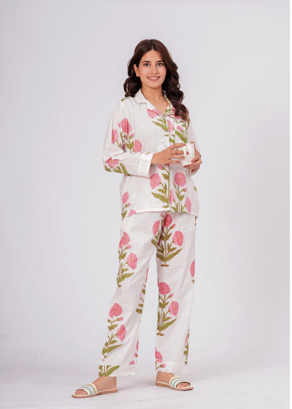 Women's White Floral Print Cotton Night Suit Set – Elegant Two Piece Pajama Set