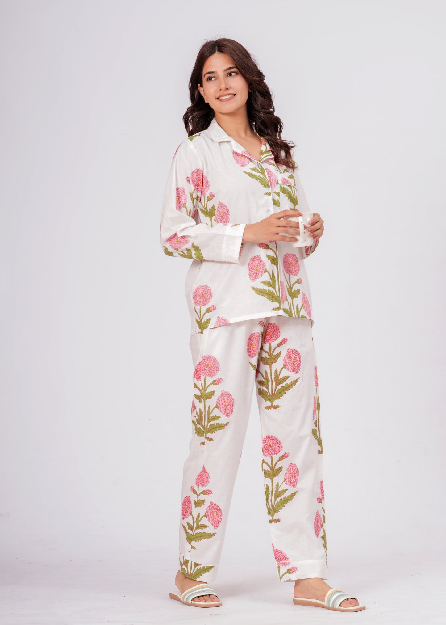 Women's White Floral Print Cotton Night Suit Set – Elegant Two Piece Pajama Set