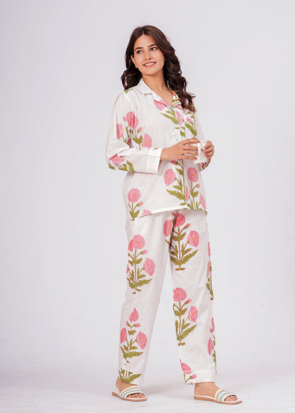 Women's White Floral Print Cotton Night Suit Set – Elegant Two Piece Pajama Set