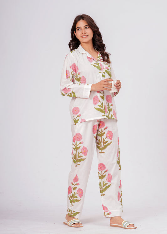 Women's White Floral – Elegant Two Piece Cotton Pajama Set