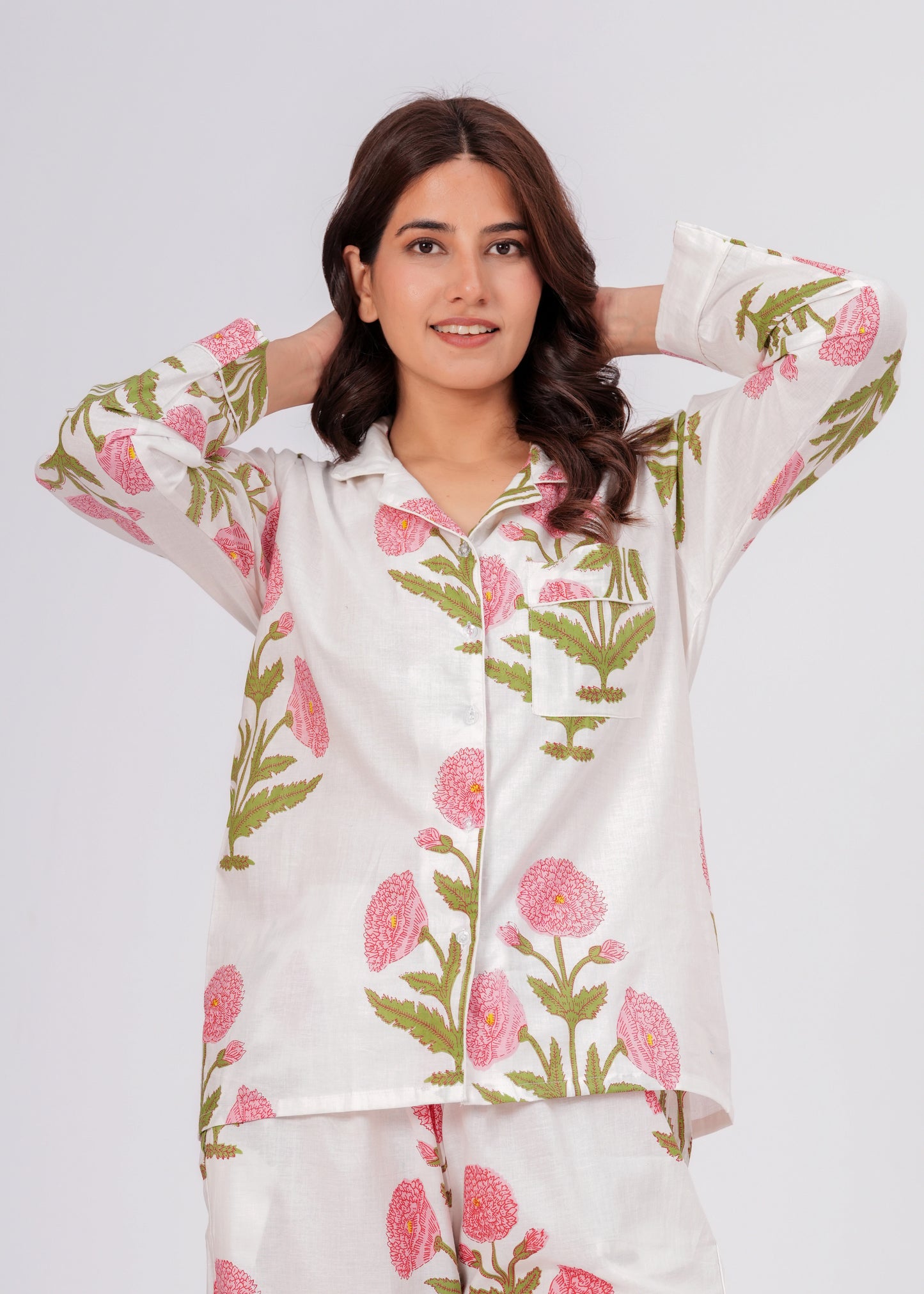 Women's White Floral Print Cotton Night Suit Set – Elegant Two Piece Pajama Set