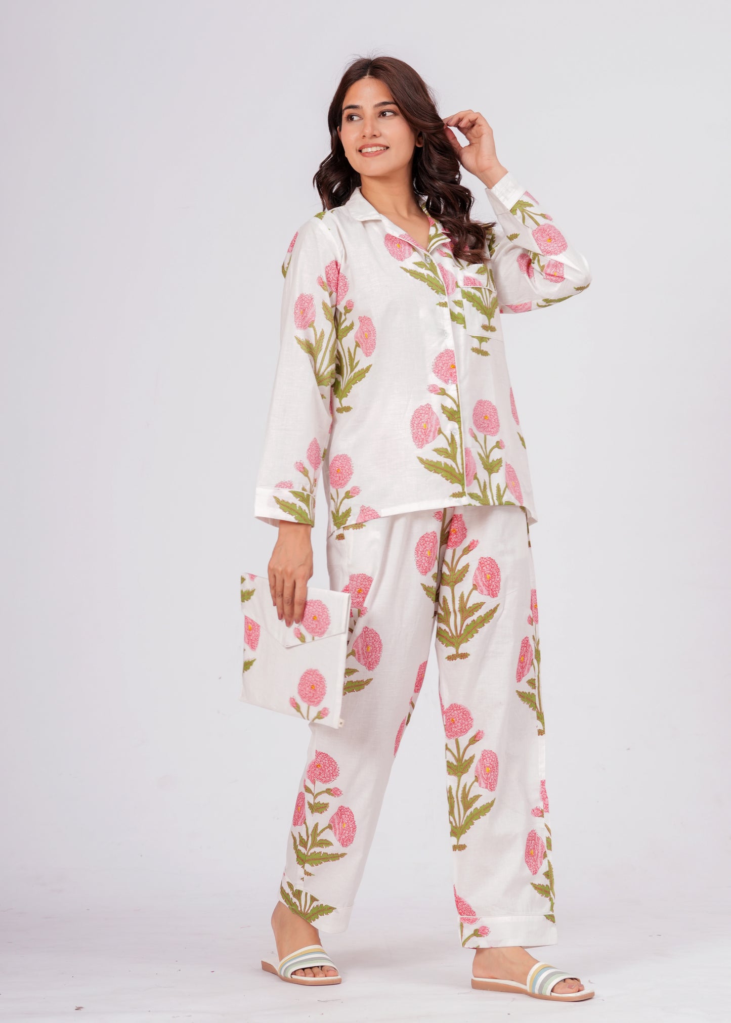 Women's White Floral Print Cotton Night Suit Set – Elegant Two Piece Pajama Set