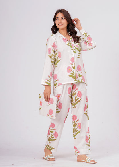 Women's White Floral Print Cotton Night Suit Set – Elegant Two Piece Pajama Set
