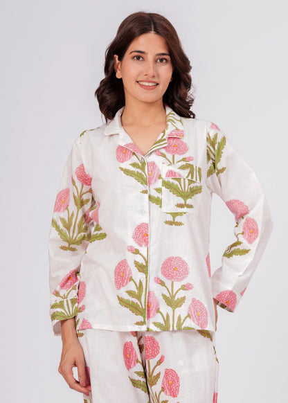 Women's White Floral Print Cotton Night Suit Set – Elegant Two Piece Pajama Set