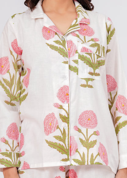 Women's White Floral Print Cotton Night Suit Set – Elegant Two Piece Pajama Set