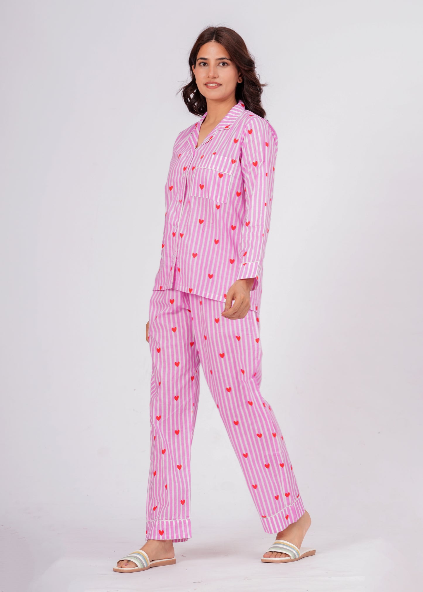 Women's Pink Heart Stripe Cotton Night Suit Set – Cute Two Piece Pajama Set