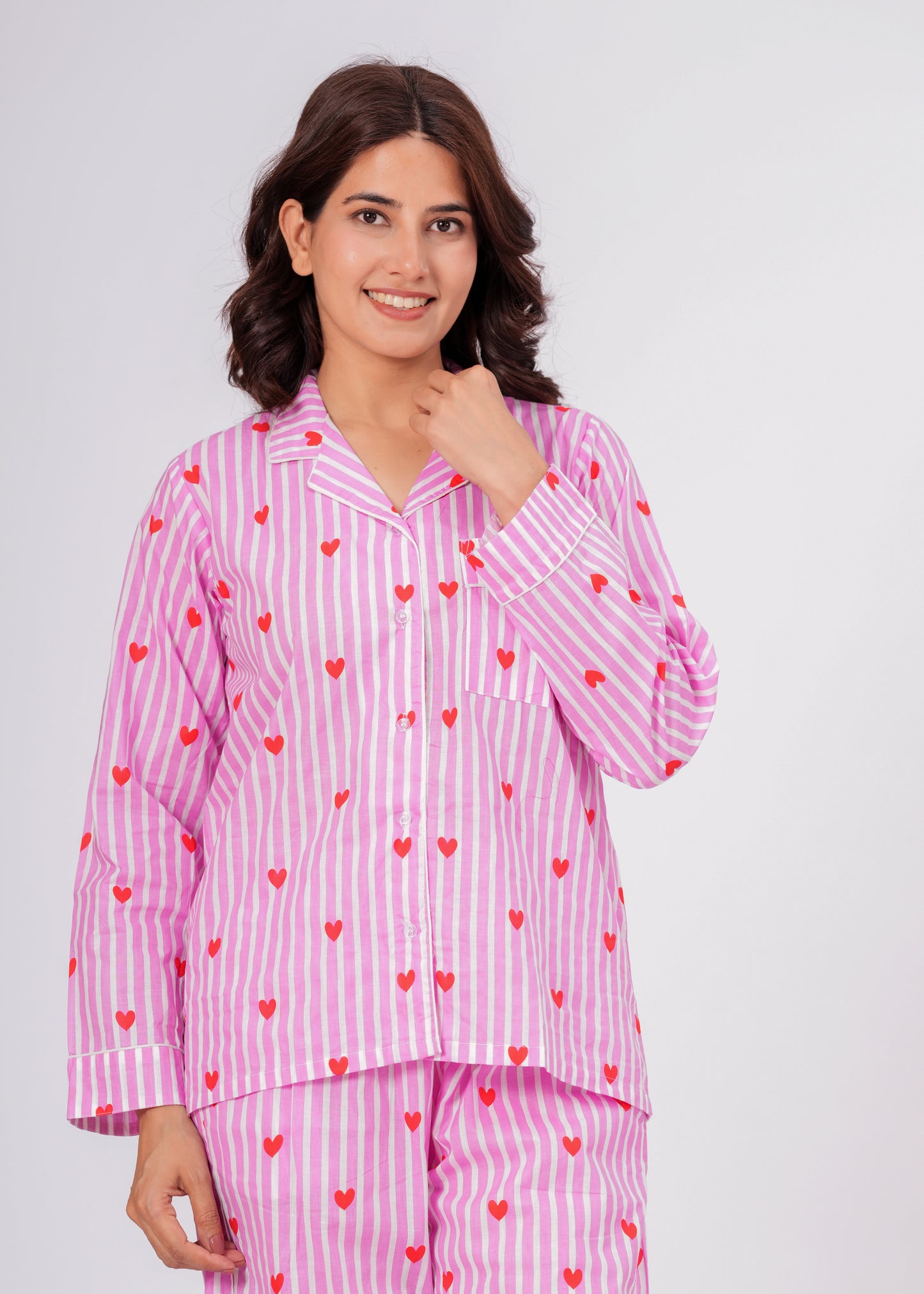 Women's Pink Heart Stripe Cotton Night Suit Set – Cute Two Piece Pajama Set