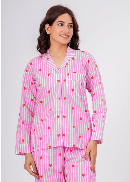 Women's Pink Heart Stripe Cotton Night Suit Set – Cute Two Piece Pajama Set