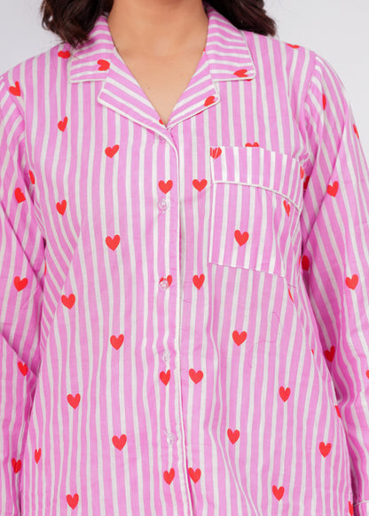 Women's Pink Heart Stripe Cotton Night Suit Set – Cute Two Piece Pajama Set