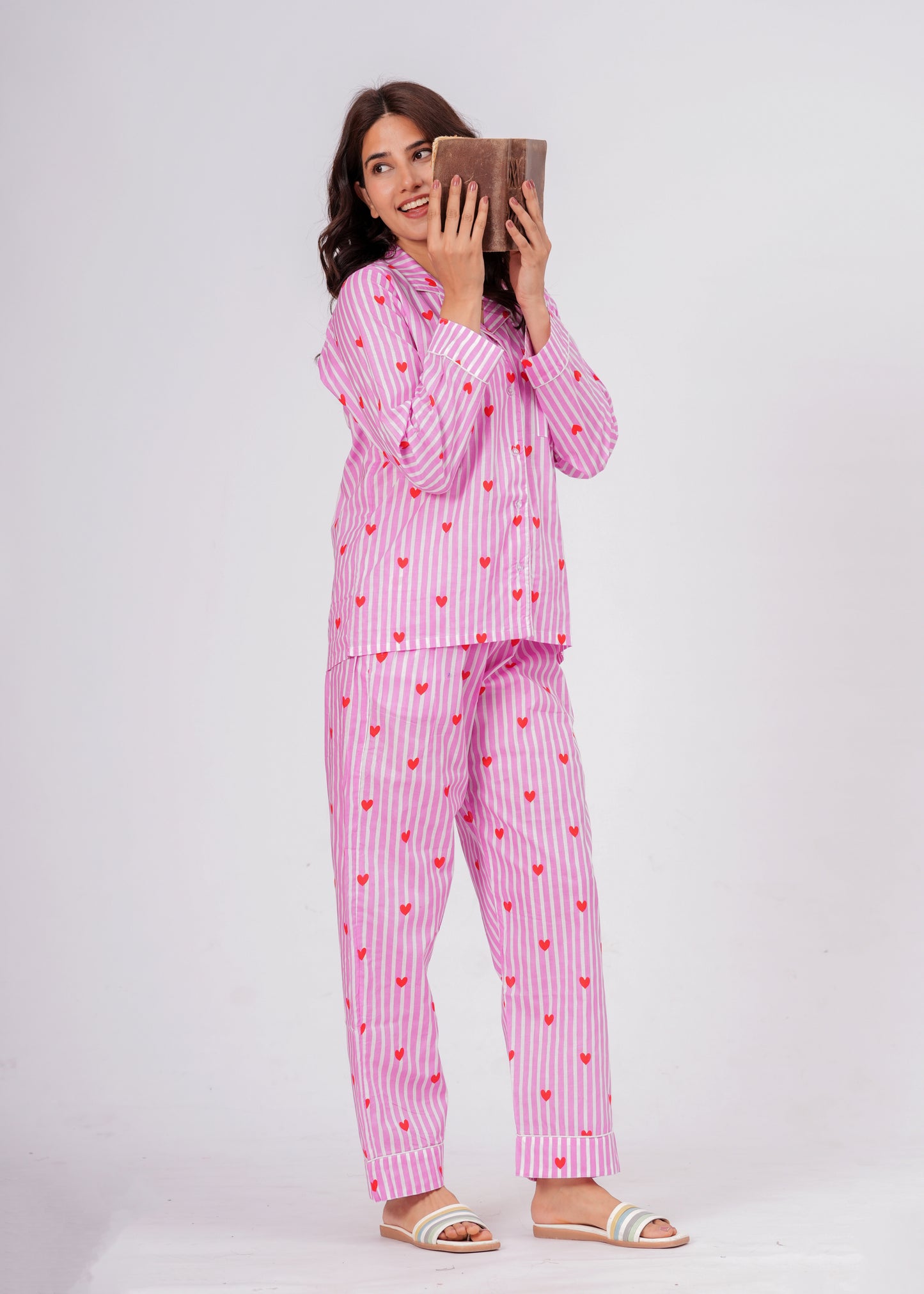 Women's Pink Heart Stripe Cotton Night Suit Set – Cute Two Piece Pajama Set