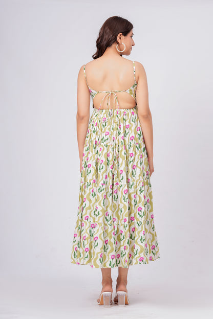 Green Floral Printed Cotton Maxi Dress for Women – Elegant Summer Midi Dress
