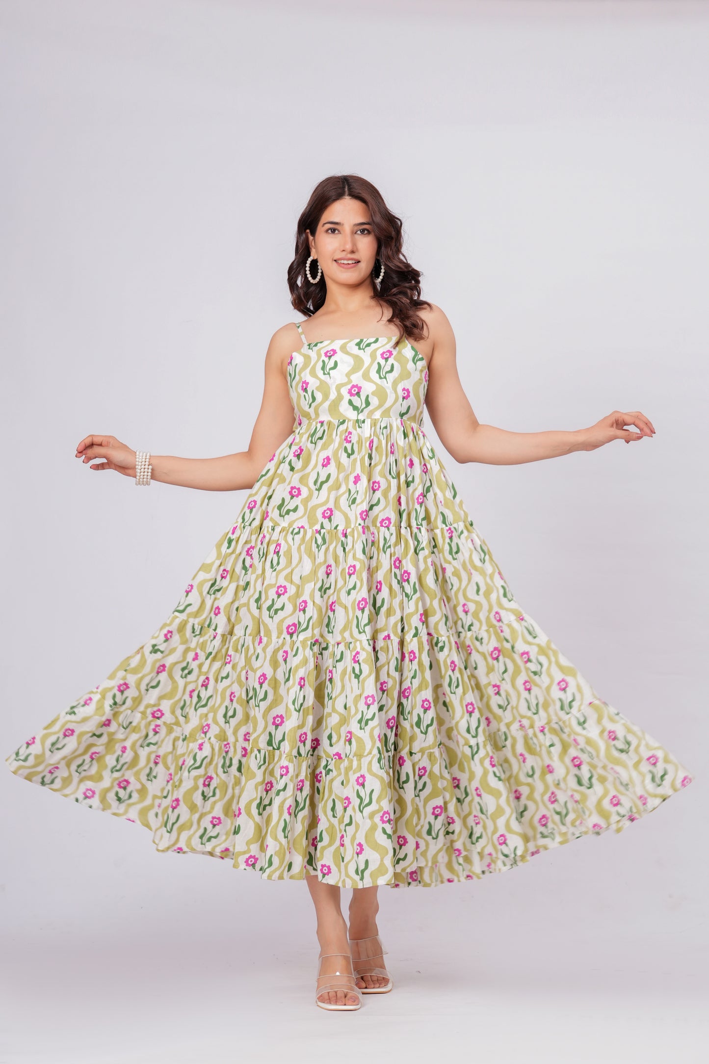 Green Floral Printed Cotton Maxi Dress for Women – Elegant Summer Midi Dress