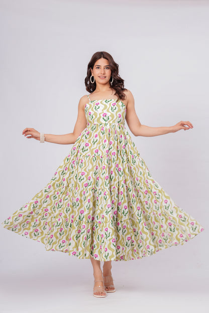 Green Floral Printed Cotton Maxi Dress for Women – Elegant Summer Midi Dress